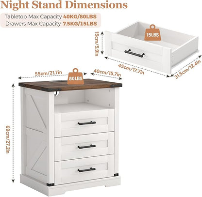 Turosur Night Stand with Charging Station 22" Large Farmhouse Nightstands with - Image 2
