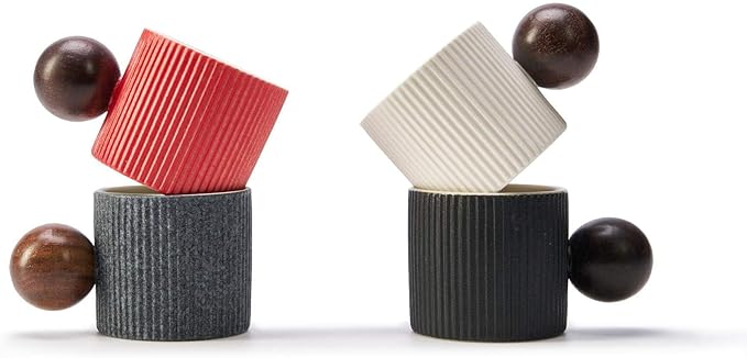 Ceramic Mini Espresso Cups Demitasse Cups with Round Wooden Handle Vertical Stripes Tea Cups (gray, 4pcs)