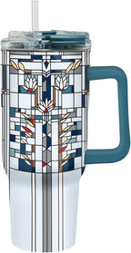 RainCaper 18/8 Stainless Steel Insulated Water Tumbler with Straw | 30oz, BPA-Free, Double Wall for Hot & Cold | Travel-Friendly, Cup Holder Ready (Frank Lloyd Wright Waterlilies)