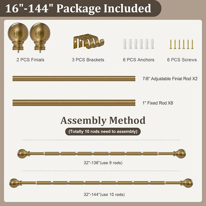 Warm Gold Curtain Rods for Windows 72 to144 Inch Brass Extra Long Heavy Duty - Image 9