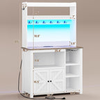 Itaar 35.4 inch Bakers Rack with Power Outlet and Storage, Farmhouse Coffee Bar Cabinet, Microwave Stand Kitchen Cabinet with Hutch, LED Lights, Wine Glass Holder and 8 Hooks，White