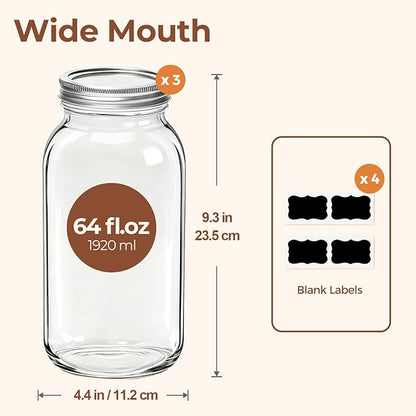 ComSaf Large Mason Jars 64oz Half Gallon 3 Pack, Wide Mouth Mason Jars with Lids and Seal Bands, Glass Canning Jars for Pickling, Jam, Jelly, Salad, Desert, Shower Wedding Favors