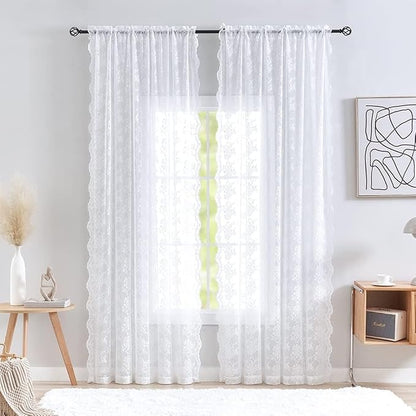 YJ YANJUN Vintage Lace Curtains 108 Inches Long-Victorian Floral White Sheer - Image 2