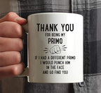 Andaz Press Funny Family 11oz. Coffee Mug Gift, Thank You for Being My Primo, Punch in Face, 1-Pack, Christmas Birthday Drinking Cup Present Ideas