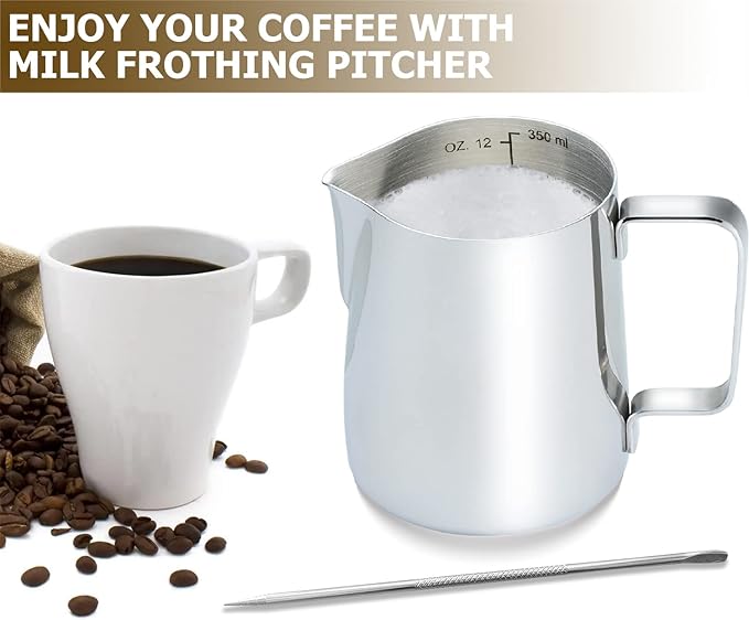 CAMKYDE Stainless Steel Milk Frothing Pitcher 12 oz, Espresso Steaming Pitcher with Decorating Pen for Espresso Machines, Cappuccino, Latte Art A Silver