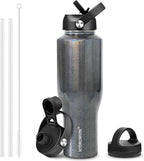HYDROWION 40 oz Insulated Water Bottle with Straw fit in Car Cup Holder(Cold 48 hrs, Hot 24 hrs) Drinking Bottle with Straw Lid, Spout Lid and Flex Cap Leakproof Travel Thermo Mug，Laser Grey