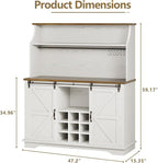 47 Inch Farmhouse Coffee Bar Cabinet with 3-Tier Storage, Kitchen Hutch with 9 Wine Racks & 3 Glass Holders, Coffee Bar with 6 Hooks, Wine Bar Cabinet for Dining Living Room, White