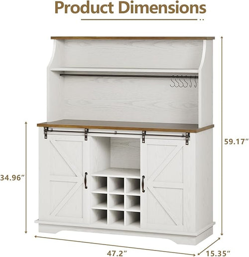 47 Inch Farmhouse Coffee Bar Cabinet with 3-Tier Storage, Kitchen Hutch with 9 Wine Racks & 3 Glass Holders, Coffee Bar with 6 Hooks, Wine Bar Cabinet for Dining Living Room, White