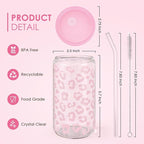 SANDJEST Leopard Glass Bottle, Pink Leopard Print Glass Cup with Lid & Straw, Iced Coffee Aesthetic Glass Can, Gifts for Women, Christmas Birthday Mother's Day