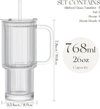 Large 26oz Clear Glass Mug with Handle and Sliding Lid – Aesthetic Ribbed Tumbler for Iced Coffee, Tea, Smoothies & Hot Drinks – Reusable Travel Cup with Straw, Dishwasher Safe (Ribbed Tumbler)