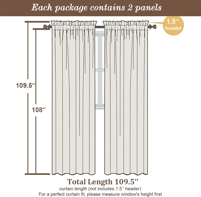 Chyhomenyc Sheer Curtains 108 Inch Length 2 Panels Set, Extra Long Light - Image 3