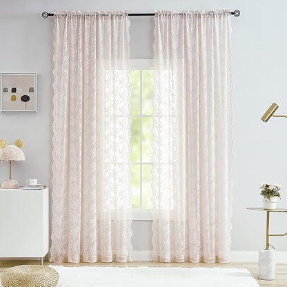 YJ YANJUN Vintage Lace Curtains 72 inchLength Romantic Flowers Sheer Pink Lacy - Image 2