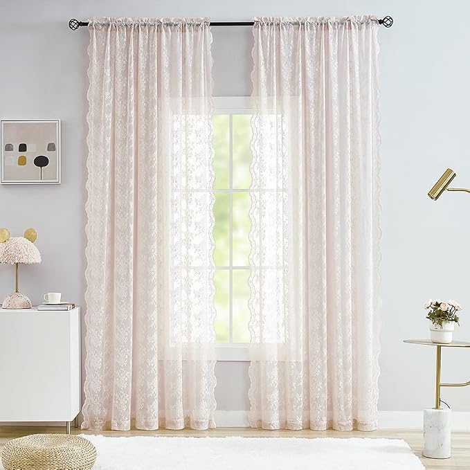 YJ YANJUN Vintage Lace Curtains 84 Inches Long-Victorian Floral Dusty Pink - Image 3