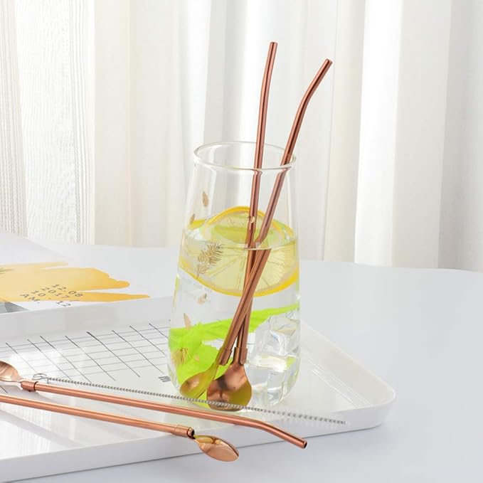 AmazonBasics 8PC 8.5Inch Stainless Steel Rose Gold Reusable Metal Straws + 2 Brushes