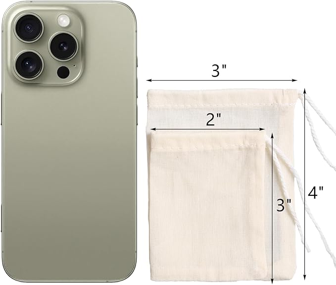 Eketirry Spice Bags, 20pcs Reusable Empty Tea Bags, Muslin Strainer Bags, Soup Bags for Cooking, Natural Cotton Fine Mesh Cheesecloth Bags for Cold Brew Coffee(2 x3" &3 x4")