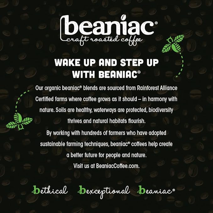 beaniac Organic Full On French Roast, Dark Roast, Single Serve Compostable K Cup Coffee Pods, Organic Arabica Coffee, Keurig Brewer Compatible, 30 Count