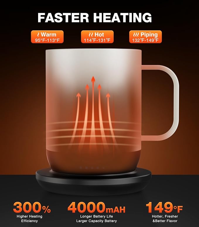 Self Heating Coffee Mug T1-16oz Fast Heating & Ultra Long-Lasting Battery Life, Heated Coffee Mug Up to 149℉ - Touch & App Controlled Coffee Mug, Birthday Gifts for Women and Men