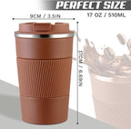 Vacuum-Insulated Stainless Steel Travel Coffee Mug, Leak-Proof Reusable Coffee Cup with Lid - Keep Hot & Cold Drinks for Hours, Durable Thermos Tumbler for Men & Women (3rd-Light Coffee, 17OZ)