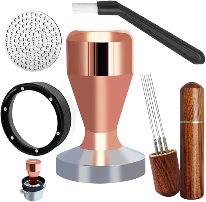 51mm Espresso Tamper Set, 5PCS Coffee Tamper Kit with WDT Tool, Coffee Stirrer, Dosing Funnel, Puck Screen 51mm Espresso Accessories Tampers Kit (Rose Gold)