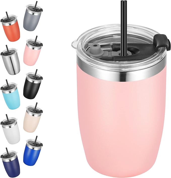 VEGOND Stainless Steel 12 oz Tumblers bulk Vacuum Insulated Double Wall Travel Tumbler with Lid and Straw Reusable Tumbler, Pink 1 Pack