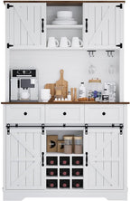 4 EVER WINNER 72" Coffee Bar Cabinet with Sliding Barn Door & Wine Racks, Hutch Cabinet with Storage and 3 Drawers, Farmhouse Coffee Bar with Wine Glass Holder for Dining Room Kitchen, White