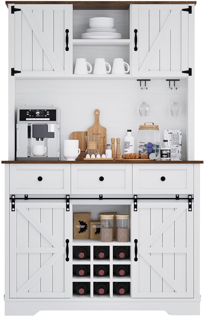 4 EVER WINNER 72" Coffee Bar Cabinet with Sliding Barn Door & Wine Racks, Hutch Cabinet with Storage and 3 Drawers, Farmhouse Coffee Bar with Wine Glass Holder for Dining Room Kitchen, White