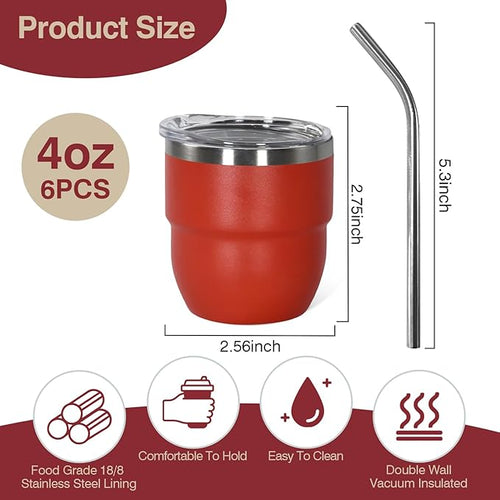 4oz Stackable Cup, Vacuum Insulated Espresso Cup Set of 6, Espresso Shot Cup for Coffee, Double Wall Stainless Steel Mini Tumbler Shot Glasses with Straw and Lid (A-mixed6P, 4oz)