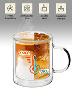LIBWYS 12oz Double Wall Coffee Mugs (2 Pack) - Insulated Borosilicate Glass Cups with Handle for Espresso, Cappuccino, Latte - Heat Resistant, Dishwasher Safe Hot/Cold Beverage Glasses 350ml