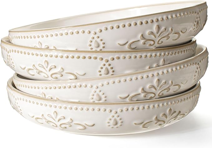 Artena Pasta Bowls, 50oz Large Salad Serving Bowls, 9.75'' Plates Bowl Set of 4, Big White Ceramic Soup Bowl for Kitchen, Embossment Shallow Dinner Bowl, Microwave Dishwasher Safe, Damask Floral