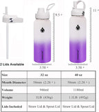 SENDESTAR Water Bottle 40oz Double Wall Vacuum Insulated Leak Proof Stainless Steel Sports Water Bottle—Wide Mouth with New Flex Straw Lid & Spout Lid (White&Voilet)