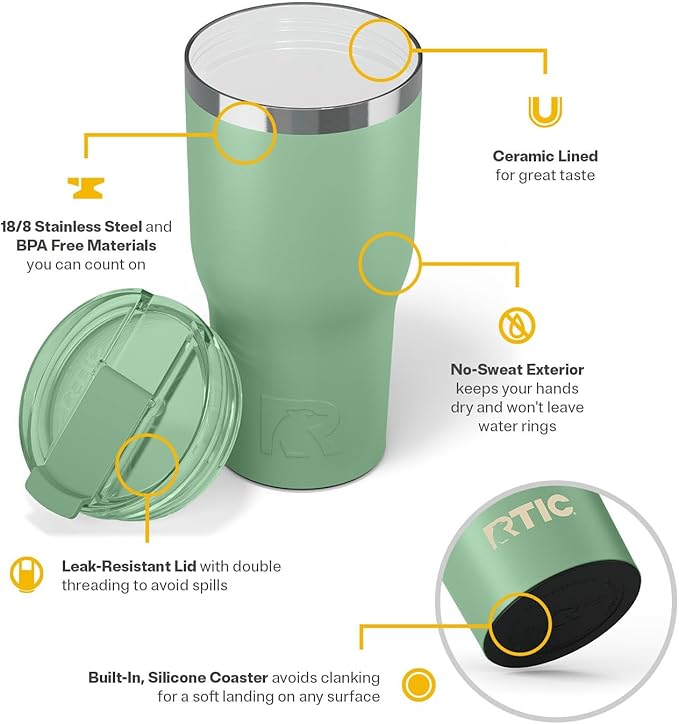 RTIC 30oz Essential Tumbler with Lid, Insulated, Stainless Steel, Metal, Double Wall Vacuum-Insulation, Ceramic Lined, Travel Cup for Iced Coffee, Tea, Hot and Cold Drink, Sage