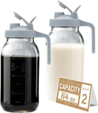 64oz Glass Pitcher with Lid - 2 Quart Mason Jar Pitcher with Spout, Leak-proof Milk Container for Refrigerator, Easy to Clean Wide Mouth Water Jug, Juice, Tea, Iced Coffee, Beverage and Drinks