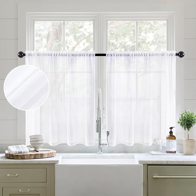 MIULEE White Sheer Kitchen Curtains 36 Inch Length Linen Textured Half Window by MIULEE