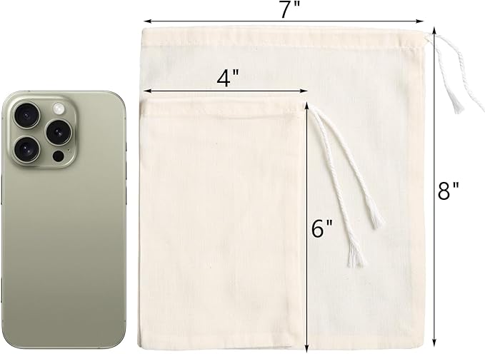 Eketirry Spice Bags, 10pcs Reusable Empty Tea Bags, Muslin Strainer Bags, Soup Bags for Cooking, Natural Cotton Fine Mesh Cheesecloth Bags for Cold Brew Coffee(4 x6"&7 x8")