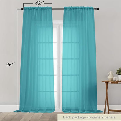 Turquoise Sheer Curtains for Bedroom Living Room 96 Inches Long 2 Panels - Image 2