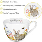 20 oz Rabbit Coffee Hug Mug, Spring Flowers & "Happy Days" Slogan, Premium Bone China Cute Bunny Mug, Perfect Holiday and Birthday Gift for Women, Designed in England by Harvest Green Studio