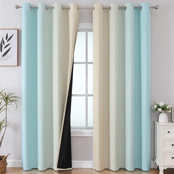 Aqua and Beige Ombre Blackout Bedroom Curtains 108 Inches | Thermal Insulated by ESTELARTEXTILER