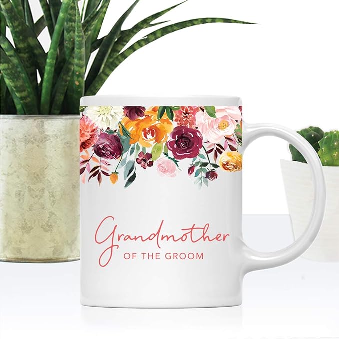 Andaz Press 11oz. Wedding Ceramic Coffee Tea Mug Gift, Fall Autumn Burgundy Orange Peach Flowers Roses Florals, Grandmother of the Groom, 1-Pack, Includes Gift Box