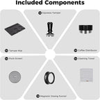 IKAPE 53MM Coffee Tamper Set Black 6 IN 1, Espresso Tamper, Distributor, Magnetic Dosing Funnel, Silicone Mat, Puck Screen, Cleaning Towel