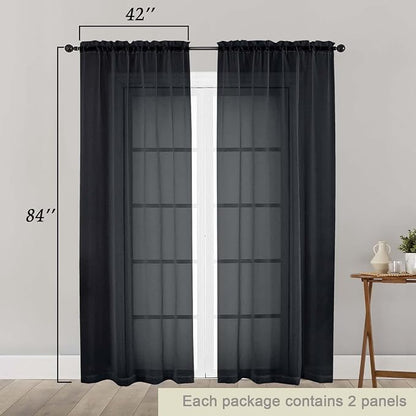 Black Sheer Curtains 84 Inches Long 2 Panels, Soft Airy Light Filtering Curtains - Image 2