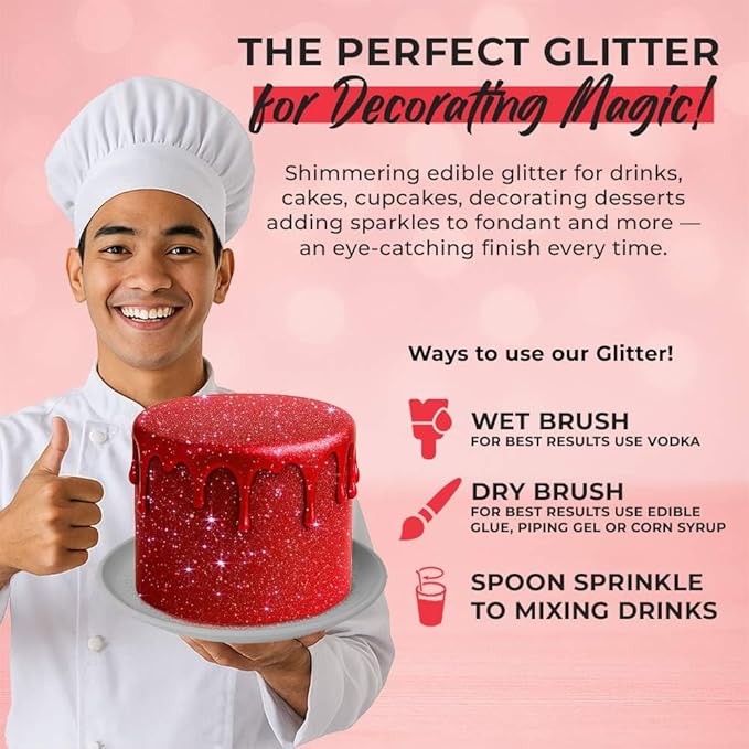 Bulk 20g Red Edible Glitter for Drinks | Premium Edible Glitter for Cakes, Cocktails, Red Cake Decorating Decorations Food Grade, Vegan, Kosher, Halal, Gluten Free - Made in USA