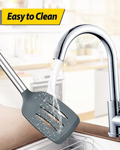 Pack of 4 Silicone Cooking Utensils Set, Non Stick Large Solid Spatulas, Heat Resistant Gray Slotted Spoons, Ideal BPA Free Kitchen Turners for Frying, Mixing,Serving,Draining,Turning,Stirring