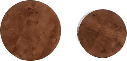 Round Nesting Coffee Table Set of 2, Modern Wooden Circle Burl Accent Tables - Image 5