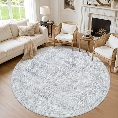 Round Area Rug Living Room: 8ft Neutral Washable Carpet Rug Gray | Vintage Boho by Luxturiy
