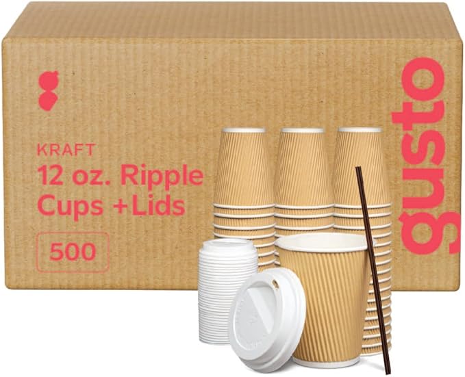 GUSTO [12 oz. - 500 Count Insulated Kraft Ripple Paper Hot Cups, Disposable Coffee Cups With Lids - Ideal for Hot Beverages, Travel, and Office Use (Formerly Comfy Package)