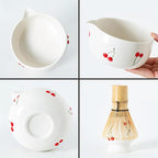 Red Cherries Matcha Whisk Set with Matcha Bowl, Bamboo Whisk, Scoop, and Whisk Holder, Hand-Painted Cute Matcha Set for Matcha Lovers & Tea Ceremony