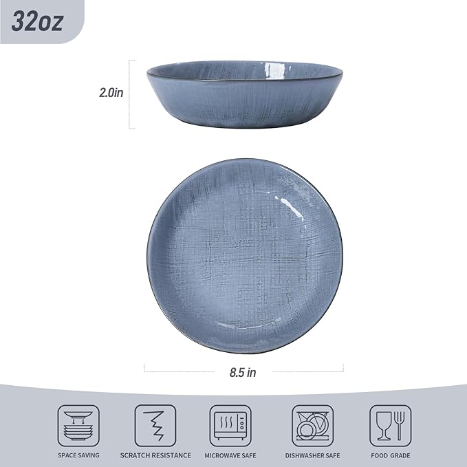 famiware Moonlight 8.5 Inch Pasta Bowls Set of 4, 32oz Serving Bowls for Kitchen, Soup Bowl with Linen Finish, Large Stoneware Bowls for Festivals, Housewarming, Dinnerware, Blue