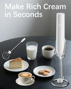 Rechargeable Milk Frother with Stand, Electric Frother Wand Handheld Coffee Foam Maker Detachable Stainless Steel Whisk Drink Mixer Foamer for Latte, Cappuccino, Hot Chocolate, Egg (White)