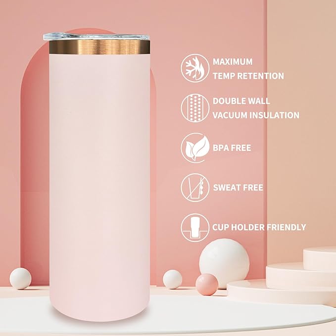 20 oz Skinny Tumblers Bulk 4 Pack, Stainless Steel Insulated Tumbler with Lids and Straws, Slim Double Wall Powder Coated Travel Coffee Mugs Reusable Cup for Hot Cold Drinks (Pink,4 pack)