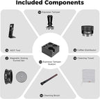 IKAPE 51MM Black Espresso Tool Set 8 IN 1, Coffee Tamper, Distributor, Magnetic Funnel, Puck Screen, Tamper Station, Stirrer Distribution Tool, Cleaning Towel and Brush